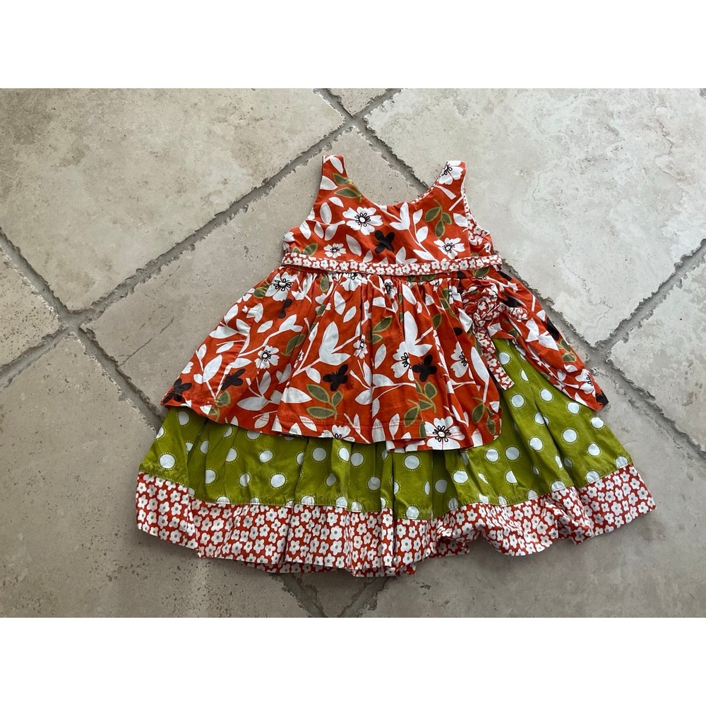 Jelly the Pug rust‎ orange and green Tenley dress - baby girl size 12 month